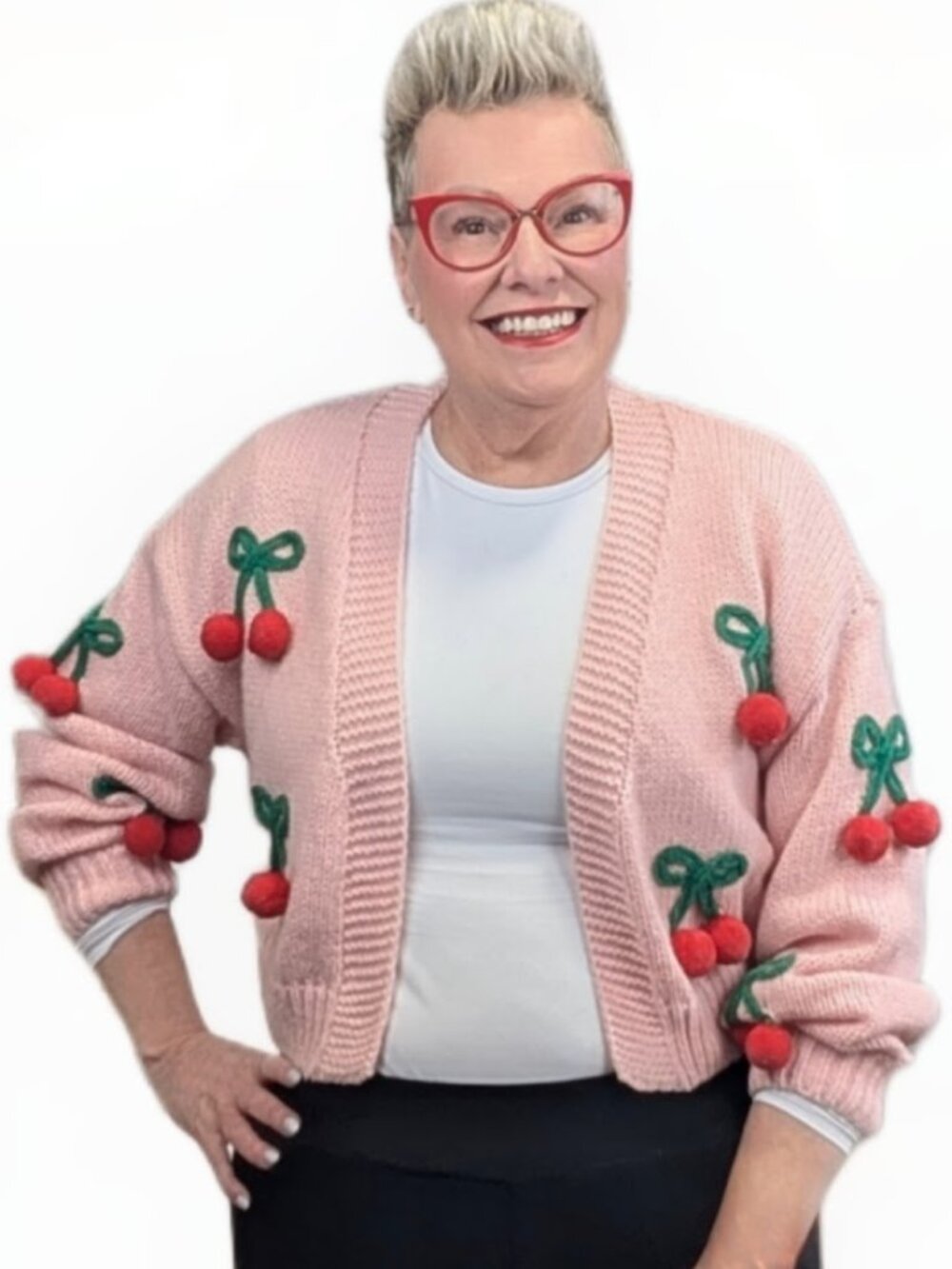 Pink Cropped Cardigan with 3D Cherries